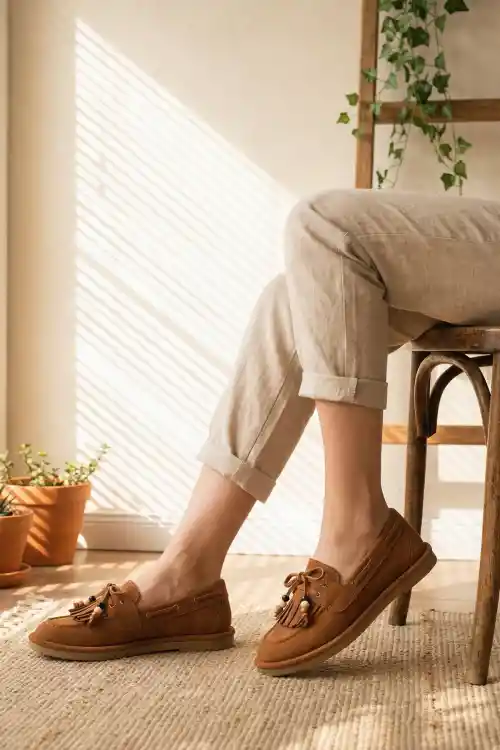 Taba Süet Kadın Boncuk Detaylı Püsküllü Loafer Ayakkabı
