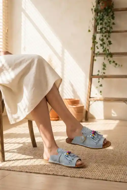 Bebe Mavi Süet Kadın Boncuklu Püsküllü Terlik