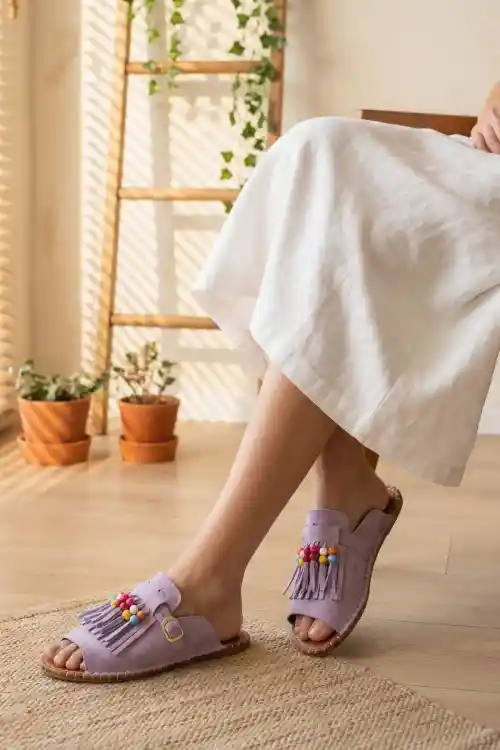 Lila Süet Kadın Boncuklu Püsküllü Terlik