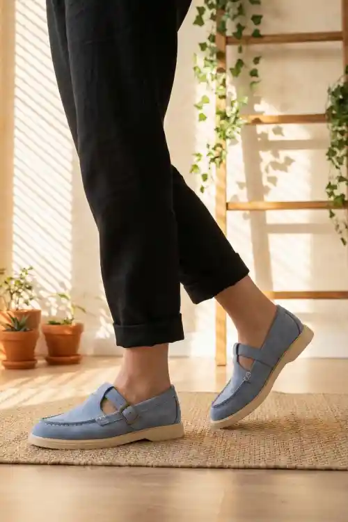 Bebe Mavi Süet Kadın Kemerli Loafer Ayakkabı