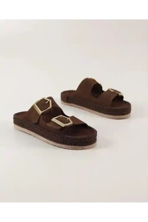 Kahve Süet Kadın Çift Tokalı Hasır Taban Yazlık Terlik