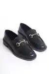 Black Leather Womens Buckled Loafer Casual Shoes