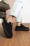 Siyah Süet Kadın Leopar Desenli Kalın Tabanlı Sneaker