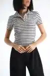 Beyaz-Siyah Kadın Polo Yaka Waffle Tshrit