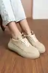 Bej Süet Kadın Leopar Desenli Kalın Tabanlı Sneaker