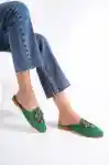 Yeşil Dantelli Kadın Dantelli Renkli Taşlı Terlik