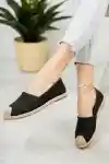 Siyah Keten Kadın Hasır Uçlu Günlük Babet