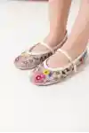 White Womens Floral Embroidered Mesh Ballerina Flat