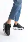 Siyah Cilt Kadın Kabartmalı Kalın Tabanlı Spor Rahat Günlük Sneaker