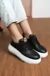 Siyah Cilt Kadın Leopar Desenli Kalın Tabanlı Sneaker