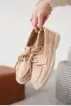 Bej Süet Kadın Düz Bağcıklı Loafer Ayakkabı
