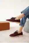 Bordo Süet Kadın Düz Bağcıklı Loafer Ayakkabı