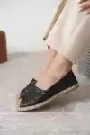 Siyah Yılan Desenli Kadın Hasır Uçlu Günlük Babet