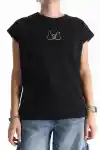 Siyah Kadın Kedi Baskılı Alttan Lastikli Oversize Tshirt