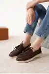 Kahve Süet Kadın Düz Bağcıklı Loafer Ayakkabı