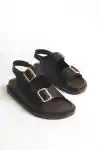 Siyah Cilt Kadın Kemerli Kaymaz Çift Tabanlı Sandalet