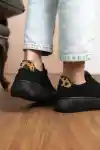 Siyah Süet Kadın Leopar Desenli Kalın Tabanlı Sneaker