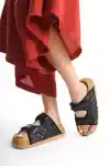 Siyah Kadın Kelvin Kapitone Çift Bant Cırtlı Kalın Taban Terlik