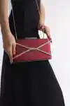 Bordo Saten Kadın Çapraz Taşlı Abiye Çanta