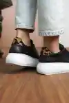 Siyah Cilt Kadın Leopar Desenli Kalın Tabanlı Sneaker