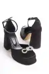 Siyah Saten Rozsa Fiyonklu  Bilek Taşlı  Platform Ayakkabı ve Çanta Seti