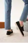 Siyah Süet Kadın Düz Bağcıklı Loafer Ayakkabı