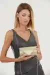 Altın Simli Kadın Çizgili Çupra Abiye Çanta