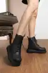 Siyah Cilt Kadın Cilt Kalın Tabanlı Bağcıklı ve Fermuarlı Bot