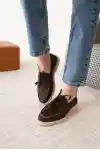 Kahve Süet Kadın Düz Bağcıklı Loafer Ayakkabı