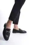 Black Leather Womens Buckled Loafer Casual Shoes