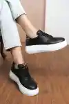Siyah Cilt Kadın Leopar Desenli Kalın Tabanlı Sneaker