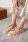 Bej Süet Kadın Düz Bağcıklı Loafer Ayakkabı