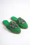 Yeşil Dantelli Kadın Dantelli Renkli Taşlı Terlik
