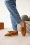 Taba Süet Kadın Düz Bağcıklı Loafer Ayakkabı