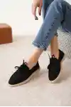 Siyah Süet Kadın Düz Bağcıklı Loafer Ayakkabı