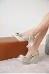 Gümüş Saten Kadın Fiyonklu İnce Topuklu Klasik Ayakkabı