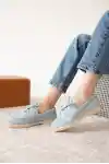 Mavi Süet Kadın Düz Bağcıklı Loafer Ayakkabı