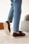 Kahve Süet Kadın Düz Bağcıklı Loafer Ayakkabı