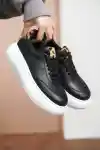 Siyah Cilt Kadın Leopar Desenli Kalın Tabanlı Sneaker
