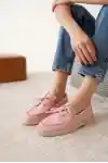 Pembe Süet Kadın Düz Bağcıklı Loafer Ayakkabı