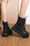 Siyah Cilt Kadın Cilt Kalın Tabanlı Bağcıklı ve Fermuarlı Bot