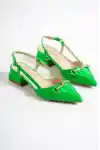 Yeşil Rugan Kadın Taşlı Tokalı Kısa Topuklu Ayakkabı