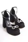 Siyah Saten Rozsa Fiyonklu  Bilek Taşlı  Platform Ayakkabı ve Çanta Seti