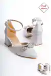 Fiyonk Taşlı Gri/gümüş Saten Abiye Kadın Topuklu Ayakkabı