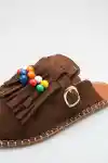 Kahve Süet Kadın Boncuklu Püsküllü Terlik