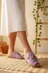 Lila Süet Kadın Boncuklu Püsküllü Terlik