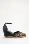 Leopar Siyah Cilt Kadın Sivri Burun Dolgu Topuklu Sandalet