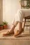Taba Süet Kadın Kemerli Loafer Ayakkabı