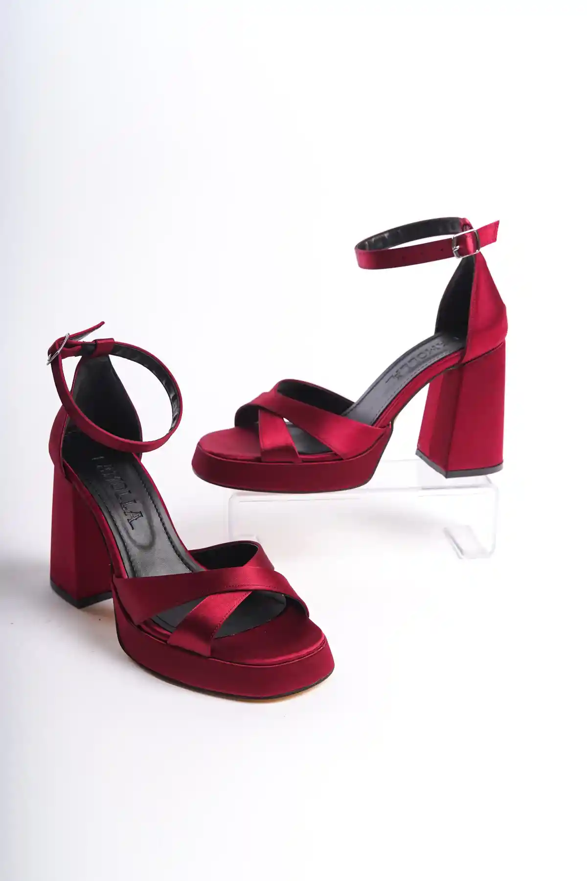 Burgundy Satin Womens Cross Platform High Heel Shoes