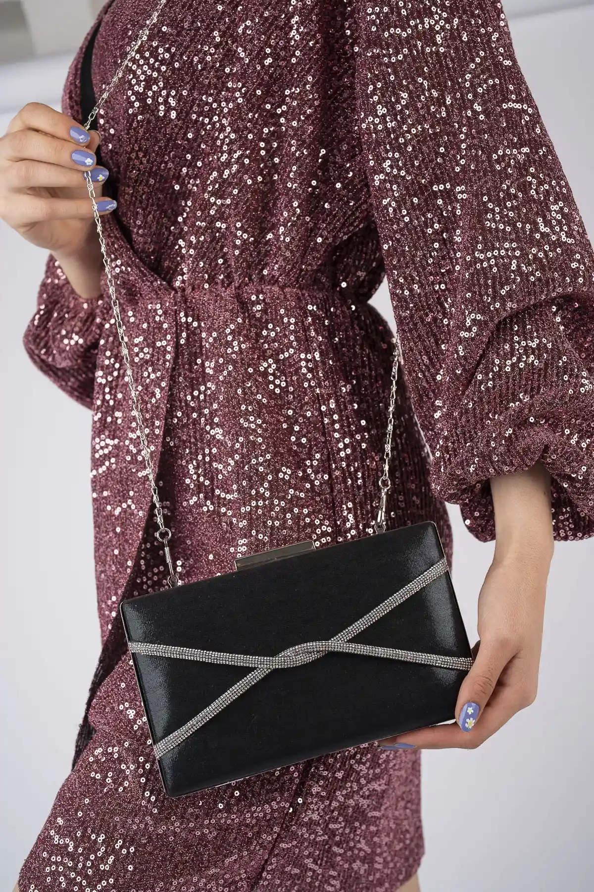 Siyah Simli Kadın Çapraz Taşlı Abiye Çanta